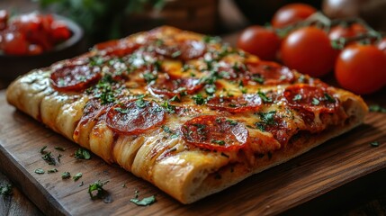 delicious pepperoni pizza slice with melted cheese on wooden board