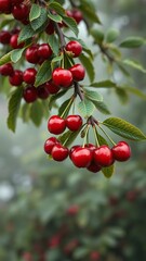 Obraz premium Branch of tree with ripe red cherries covered by mist, foliage, leaves, serene