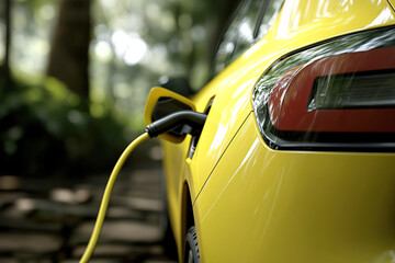 Close up of electric car charging in a serene outdoor environment