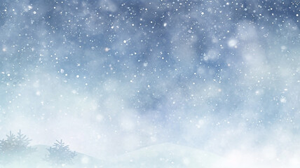 abstract watercolor background snowfall, christmas view blurred blizzard light blue snowflakes on a white city background