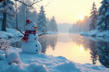 Fototapeta premium Snowflakes dance around a frozen lake and a lone snowman, winter, serene
