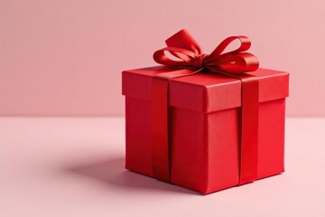 Fototapeta premium Tall rectangular gift box wrapped in bright red fabric with a tag, decoration, wrap