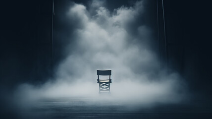 director's place, a lonely chair in the stage smoke on a dark background, the concept of cinema, management, loneliness