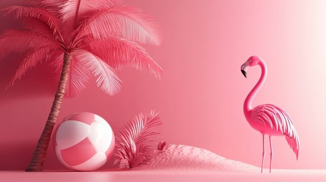 A vibrant pink flamingo stands gracefully on a matching backdrop, its head tilting left as it gazes right, creating a dynamic yet serene scene