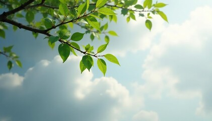 Fototapeta premium Single branch hanging down from a gray-white cloudy sky, drop, tree, hang