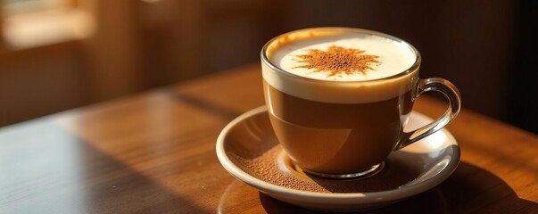 Fototapeta premium Velvety latte surface reflected in glass calmness, cinnamon, warm