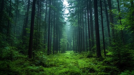 Obraz premium Pine Forest Pathway Walking Through a Serene Green Wonderland