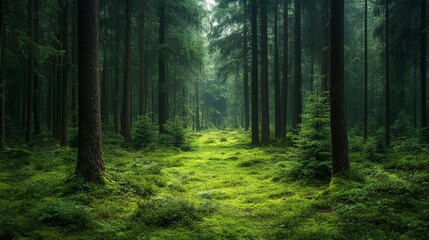 Obraz premium Pine Forest Pathway Walking Through a Serene Green Wonderland