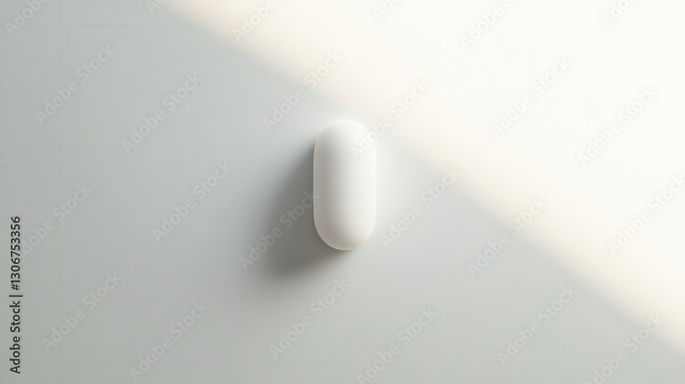 Poster Single white capsule resting on light gray background with soft shadows showcasing minimalism and hyper realistic detail Generative AI
