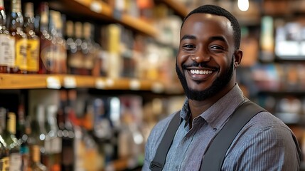 Obraz premium cheerful liquor store smiling attendant posing portrait looking at camera retail employee cashier professional shop worker customer service business staff happy worker