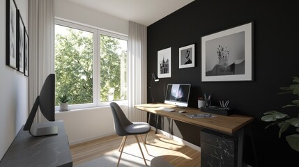 Modern home office, sunlight, desk, window, minimalist design, workspace