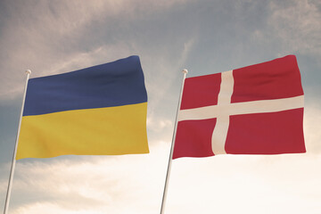 Flags of Ukraine and DENMARK waving with cloudy blue sky background, relations between countries.3D rendering.