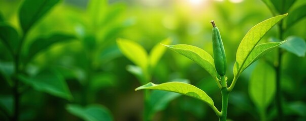 Obraz premium Vanilla plants with green leaves and growing beans, farm, plants