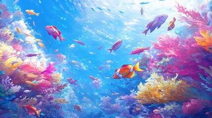 Underwater Paradise: A vibrant underwater scene teeming with life, featuring colorful coral reefs and a diverse array of fish gracefully swimming through the crystalline waters.