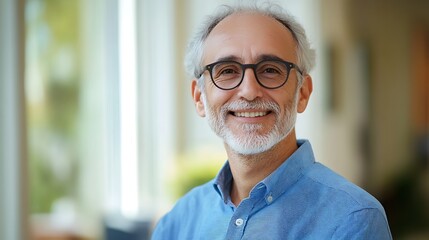 Fototapeta premium cheerful smiling middle aged guy at home portrait with eyeglasses and blue shirt relaxed adult male casual lifestyle indoors confident person happy and handsome