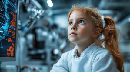 A young girl in a lab coat gazes thoughtfully at her computer screen, embodying curiosity and the spirit of scientific exploration in a modern laboratory setting.