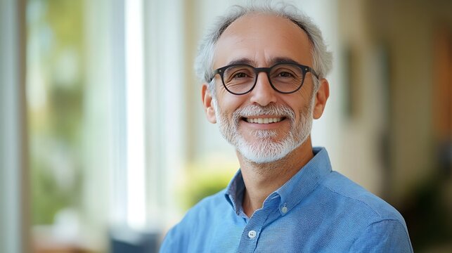 cheerful smiling middle aged guy at home portrait with eyeglasses and blue shirt relaxed adult male casual lifestyle indoors confident person happy and handsome - Powered by Adobe