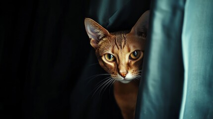 A curious cat peeking through dark curtains, creating a mysterious ambiance in a cozy room