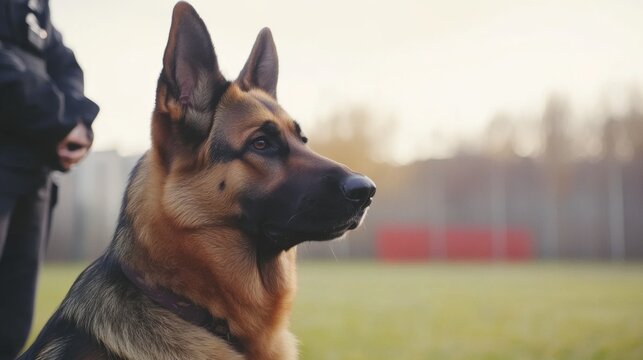 A German Shepherd police dog standing alert in a grassy field during a training session
