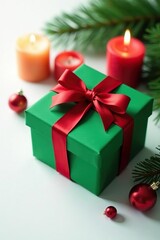 Green and red gift box on a white background with candles and pine, gift, background, decorated