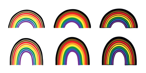 Obraz premium Set of colorful rainbow shape Gay pride flag Happy pride day LGBTQIA community Pride Month Vector hand drawn doodle for posters, stickers, logo, cards