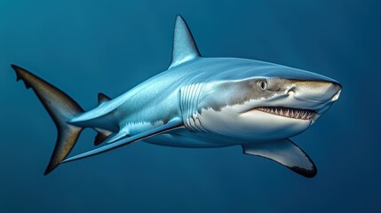 Obraz premium Majestic blue shark rendered in stunning 3D detail, its sleek form glides to the right. Light blue body contrasts with dark blue fins, creating an elegant aquatic dance. 