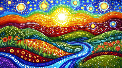 Beautiful, detailed, and realistic fantasy art depicting an Aboriginal dot painting with stars and suns in the sky.