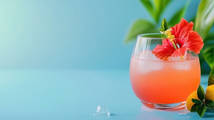 Tropical Cocktail Delight: A vibrant cocktail, adorned with a bright red hibiscus flower, sits elegantly on a pale blue surface, flanked by fresh green foliage and a few ice cubes.