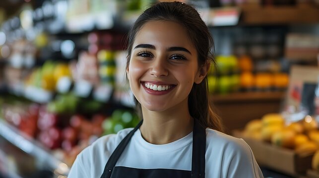 female retail worker supermarket employee smiling at camera representing young professional staff friendly customer service grocery assistant concept