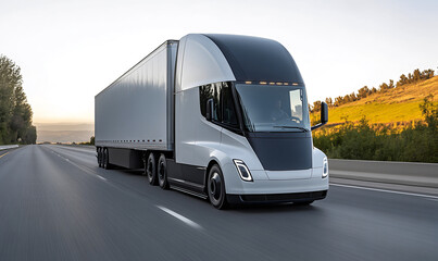 Futuristic Electric Semi-Truck Driving on a Highway