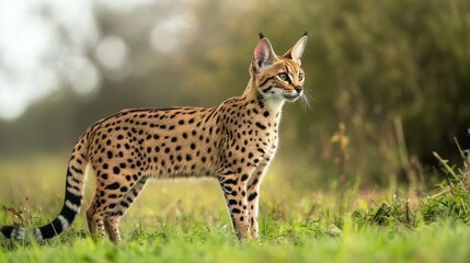 Obraz premium A majestic serval standing gracefully in a lush green field, with soft sunlight filtering through trees
