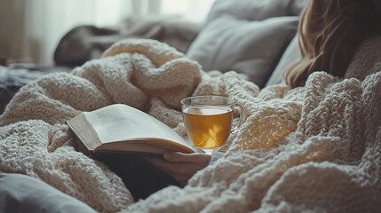 Cozy indoor scene of a person reading a book while wrapped in a blanket with tea