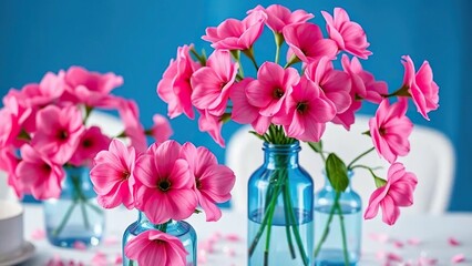 Obraz premium Blue glass vases filled with pink flowers on the table, blue, festive