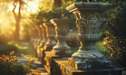 Intricately carved stone pillars in a historic garden setting, illuminated by soft, filtered sunlight.