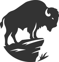 Buffalo standing on a rocky cliff, looking down animal vector silhouette
