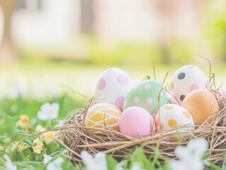 Obraz premium Easter Joy – Colorful Pastel Easter Eggs in a Cozy Nest, Surrounded by Fresh Green Grass and Blooming Spring Flowers, Capturing the Essence of a Bright and Cheerful Celebration