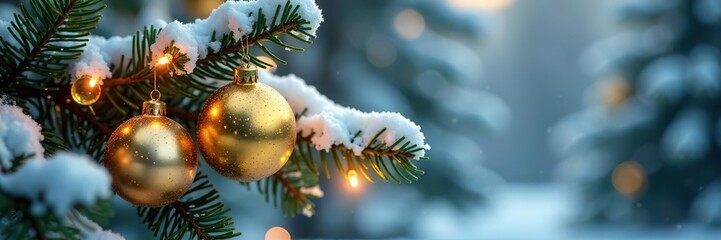Sparkling golden baubles scattered on a snow-covered tree branch, evergreen trees, frosty details