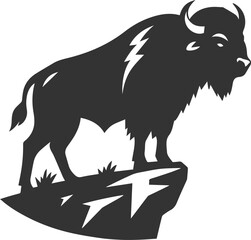 Buffalo standing on a rocky cliff, looking down animal vector silhouette