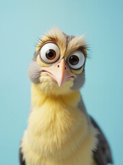 Cute, fluffy, cartoon bird is looking curious with its big eyes