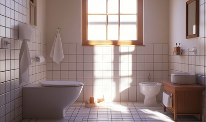 Minimalist bathroom interior with white tiles and wooden accents, soft morning light streaming through the windo