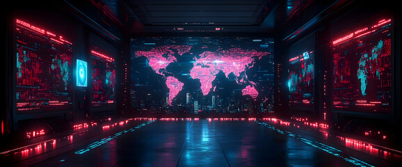 Obraz premium Futuristic Corridor With Glowing Digital World Map