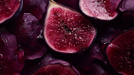 Sliced figs on deep burgundy surface, rich and moody tones, intricate textures, ultra-detailed, 4k