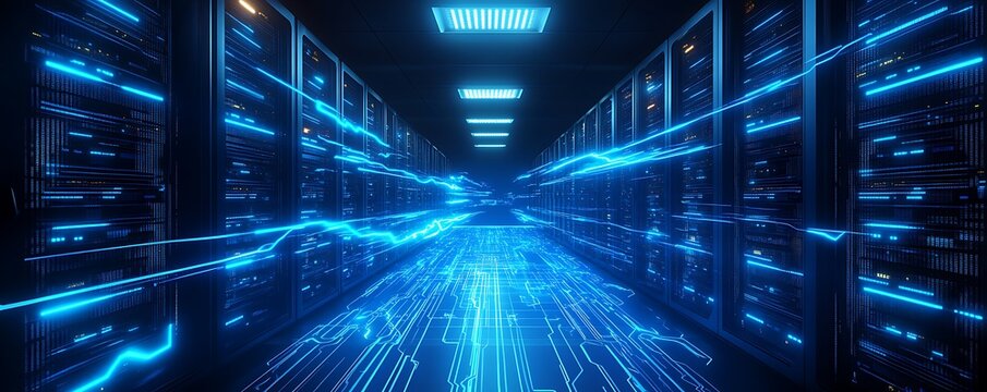 Dynamic Data Flow: Neon blue data flowing through AI-powered servers in a dark virtual room