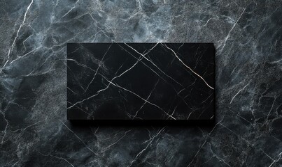 Black business card resting on a textured marble surface with subtle cracks and shadows, soft diffused lighting adding elegance and minimalism