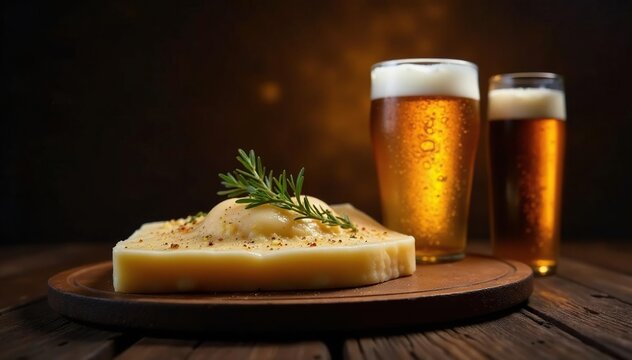Tapa de cerveza con espuma latas y botellas desenfocadas en un fondo oscuro, noche, cerveza