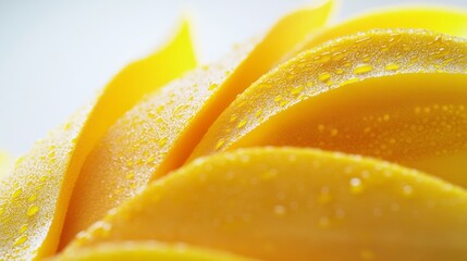 Sliced mango fanned out on white surface, juicy and tropical, vibrant yellow and orange hues, ultra-detailed, 8k