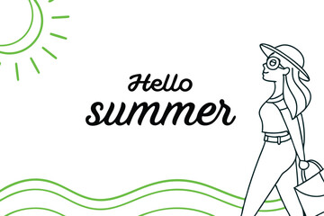Hello Summer, in elegant, modern typography. The text is placed over a soft pastel gradient background with subtle ocean waves and a stylized sun