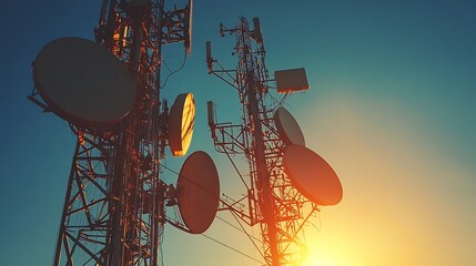 modern cell tower telecommunication structure with antennas and dishes built from steel beams wireless infrastructure against sky at sunset providing mobile network signals