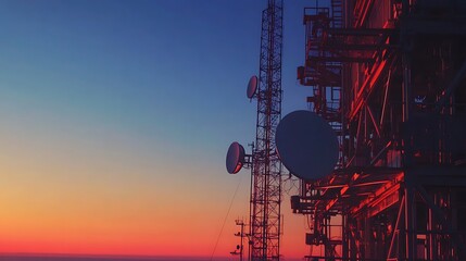 modern cell tower telecommunication structure with antennas and dishes built from steel beams wireless infrastructure against sky at sunset providing mobile network signals