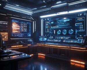 Futuristic AI Command Center: A highly detailed command center displaying AI-controlled data streams and holographic interfaces